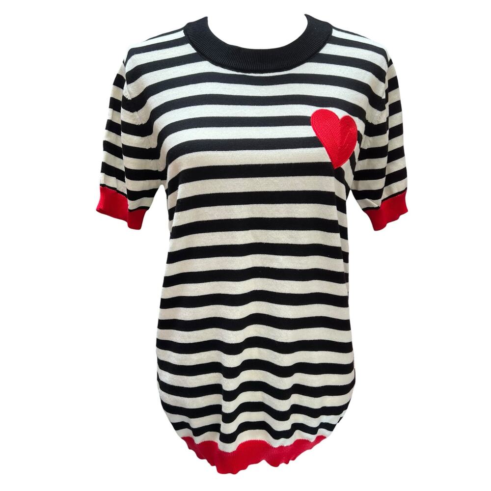 OXKNIT Heart Stripe Sweater Women’s Small Black White Red 100% Cotton Knit